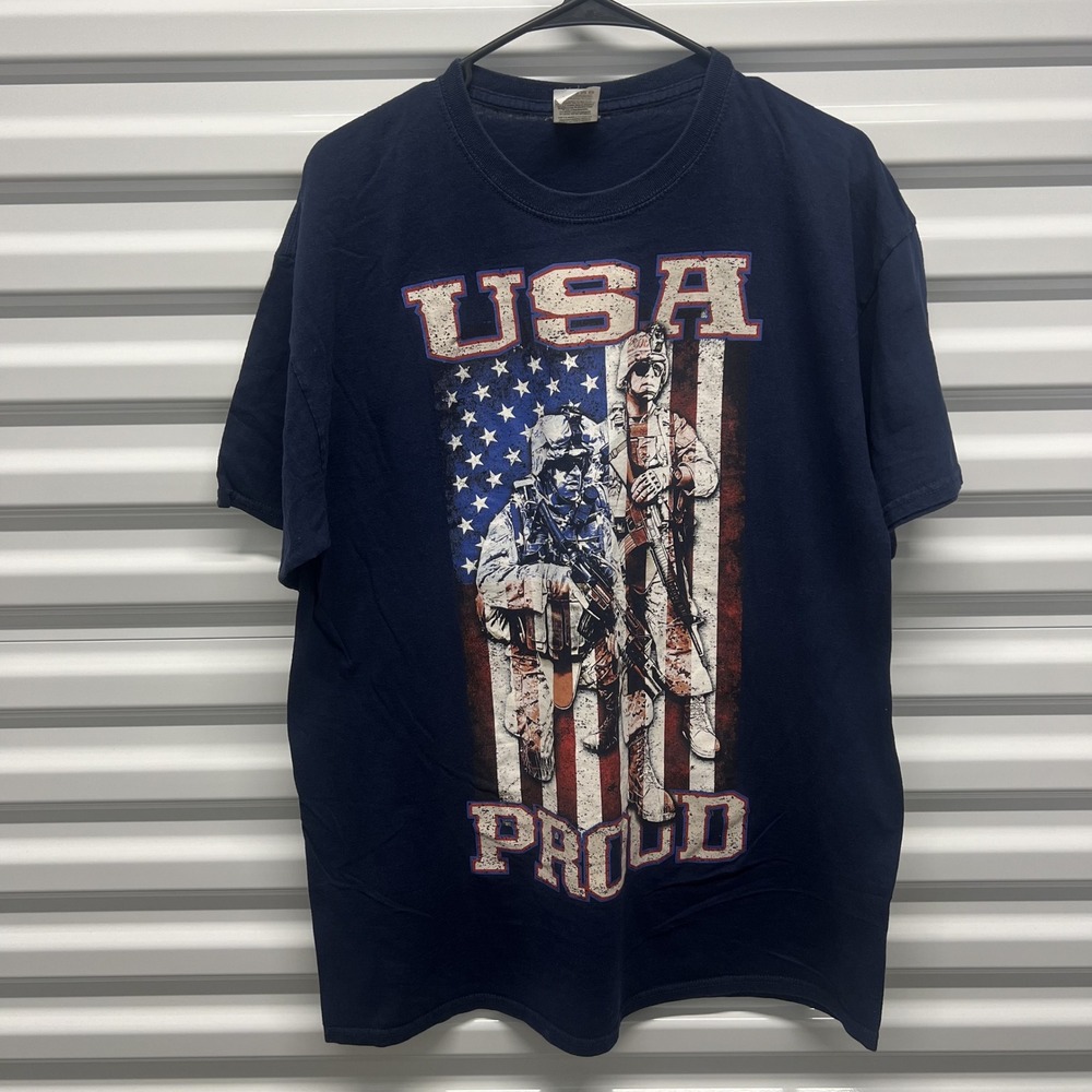 Fruit of the Loom Men TShirt XL 100% Cotton Navy USA Proud Military Flag Graphic — photo 2